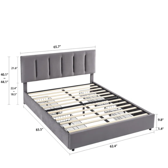 Velvet Upholstered Queen Size Platform Bed with Adjustable Headboard and 4 Storage Drawers