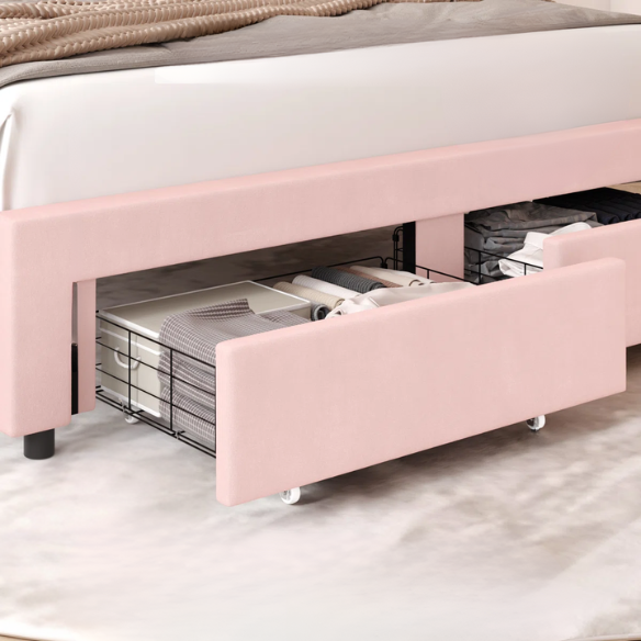 Floral-Inspired Queen Size Upholstered LED Bed Frame with Luxury Velvet, Drawer, and Adjustable Headboard