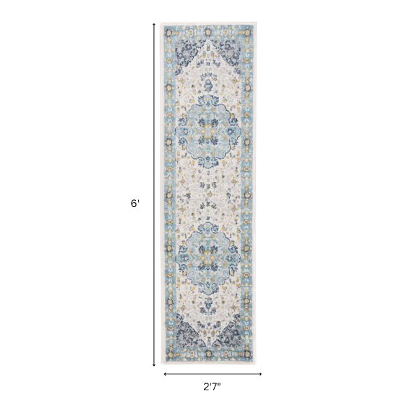 Distressed Oriental-Inspired Indoor Rug – Blue, Yellow & Cream Medallion Pattern, Stain-Resistant, Fade-Resistant, Perfect for Traditional & French Country Décor
