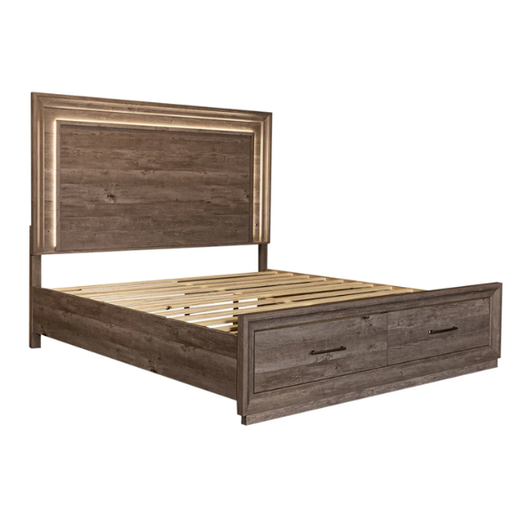Modern Greystone 4-Piece King Storage Bed, Dresser, Mirror & Nightstand Set with LED Lighting, Built-In Charging Station, and Brushed Nickel Hardware – Floating Panel Headboard and Plinth Base