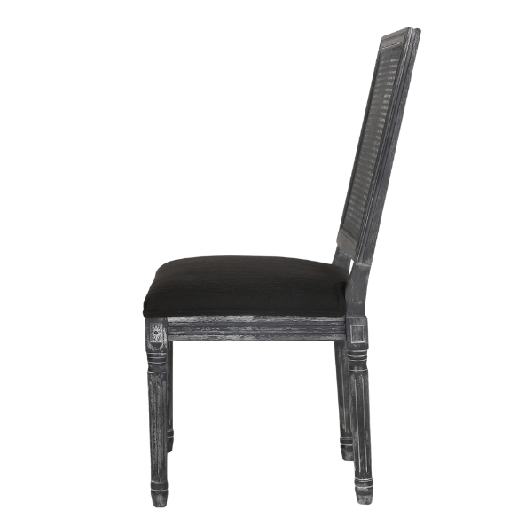 French Country Wood and Cane Upholstered Dining Chairs – Weathered Rubberwood Frame with Fluted Legs & Rectangular Cane Backrest