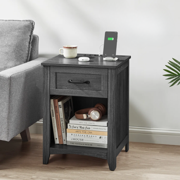 Farmhouse-Style Nightstand with Built-In Charging Station – Engineered Wood, Spacious Top, Drawer & Open Compartment, Matte Black Metal Handle, USB-A & USB-C Ports, AC Outlets, Ideal for Bedroom or Living Room