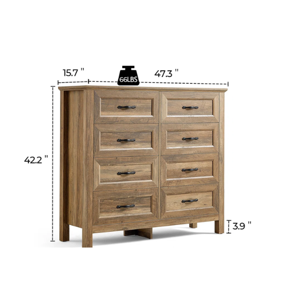 French Country-Inspired 8-Drawer 47.3" Double Dresser with Rustic Finish, Crown Molding, and Tapered Legs