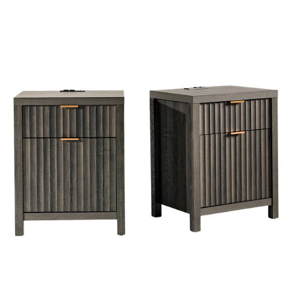 2-Drawer Nightstand with Built-In Outlets – Fluted Panels, Wood Grain Finish, Modern Design, Charging Station with 2 AC Outlets, USB & USB-C Ports, 4.9-Foot Power Cord, Set of 2