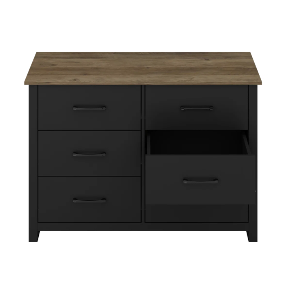 Modern 6-Drawer Double Dresser with Flared Feet and Sleek Black Metal Handles