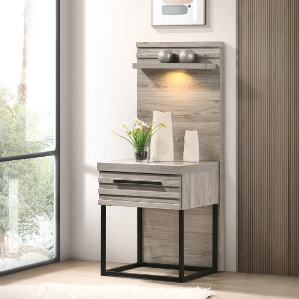 Upholstered 5-Piece Bedroom Set with Weathered Gray Finish, LED Piers, and Functional Storage
