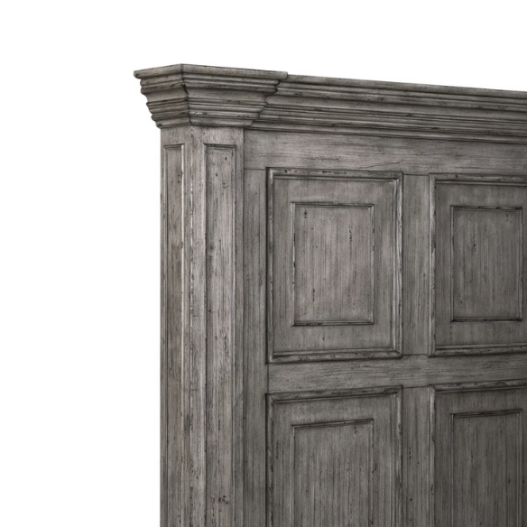 4-Piece Panel Bed, Dresser, Mirror & Nightstand Set with Antique Pewter Accents and Charging Station – Distressed Whitestone Finish, Rubberwood Solids, and Architectural Det