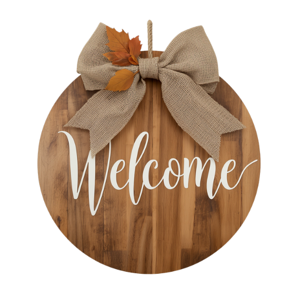 Round Wooden Welcome Sign with Burlap Bow and Autumn Leaves