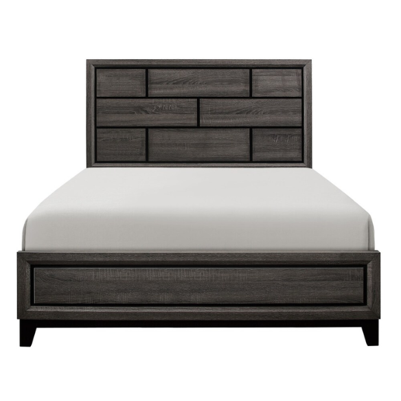 5-Piece Gray Modern Panel Bedroom Set with Wood Grain Accents & Nickel Metal Hardware