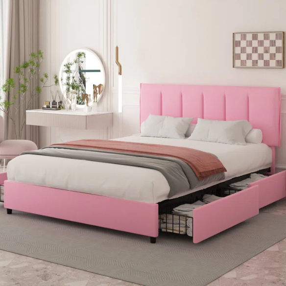 Velvet Upholstered Queen Size Platform Bed with Adjustable Headboard and 4 Storage Drawers