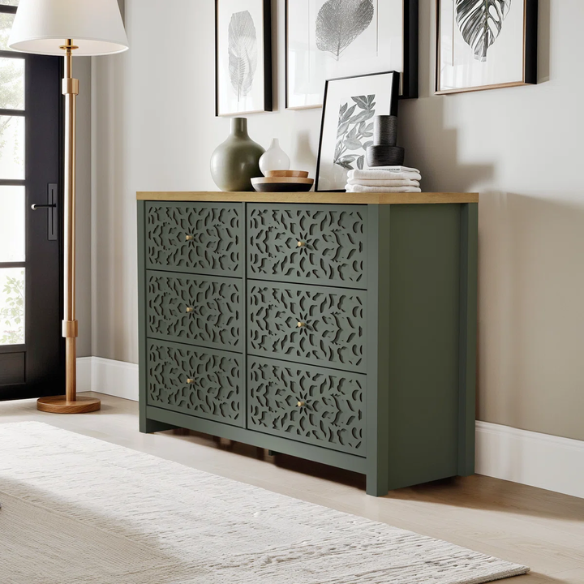 Boho-Inspired 45.4" 6-Drawer Dresser with Distressed Finish and Openwork Floral Details