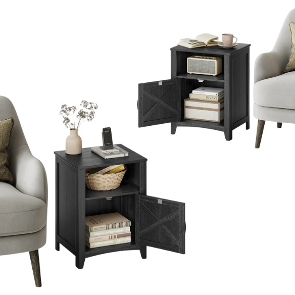 Farmhouse Nightstand with Cabinet & Open Compartment – Rustic Bedside Table, Distressed Finish, Barn Door Style, Matte Black Metal Handles, Flared Legs, Versatile Storage for Bedroom or Living Room