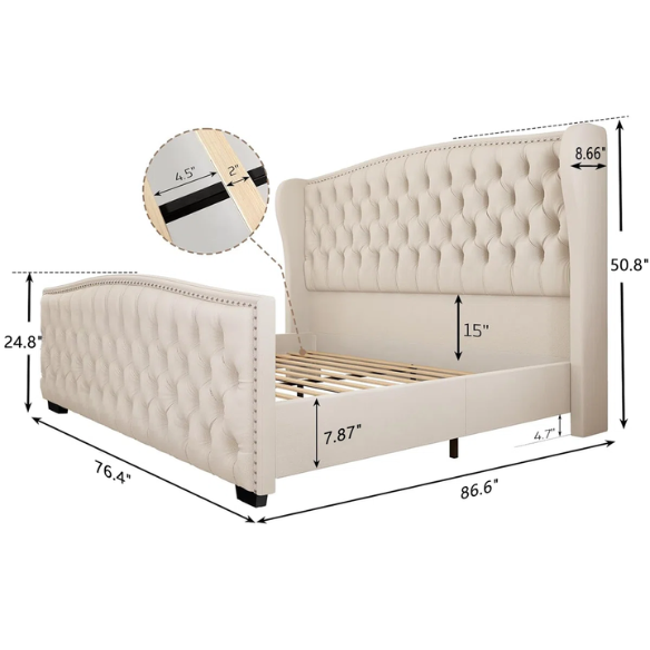 Luxurious King Size Velvet Upholstered Platform Bed Frame with Wingback Headboard – Handmade Button Tufting, Nailhead Detailing, Sturdy Construction, and No Box Spring Needed
