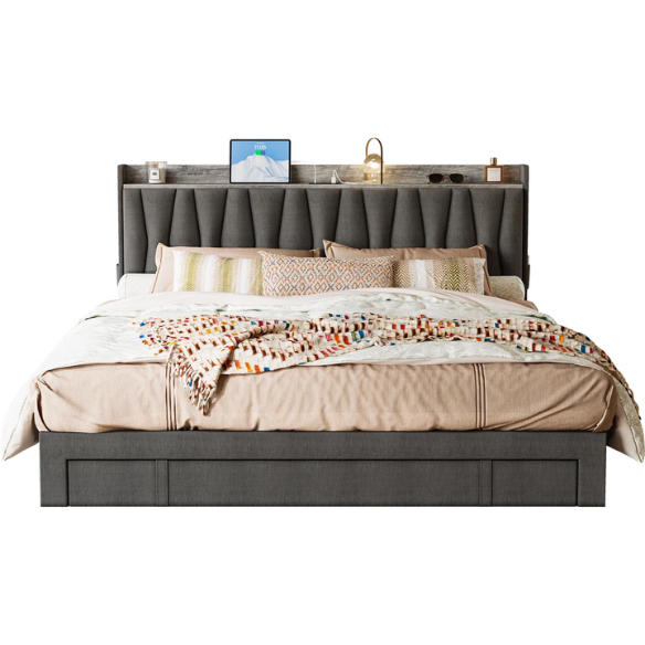 Modern Upholstered King Size Bed Frame with 3 Storage Drawers, Soft Foam Headboard, and Built-in Charging Station