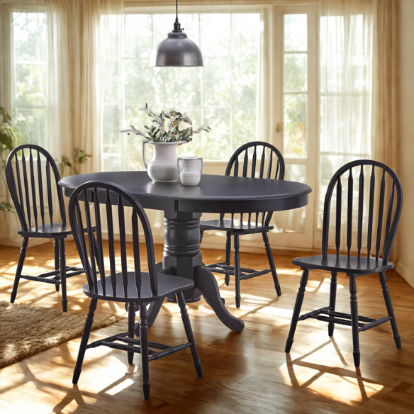 Farmhouse Solid Rubberwood Dining Table with 22-Inch Extension Leaf – Pedestal Base, Seats 6, Available in Oak, Matte Black, White/Natural, Grey/Walnut Finishes
