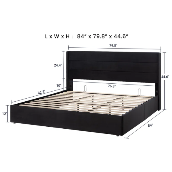 Modern King Size Upholstered Platform Bed with Hydraulic Lift Storage – Sleek Grooved Headboard, Space-Saving Design, and No Box Spring Needed