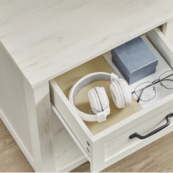 Farmhouse-Style Nightstand with Built-In Charging Station – Engineered Wood, Spacious Top, Drawer & Open Compartment, Matte Black Metal Handle, USB-A & USB-C Ports, AC Outlets, Ideal for Bedroom or Living Room