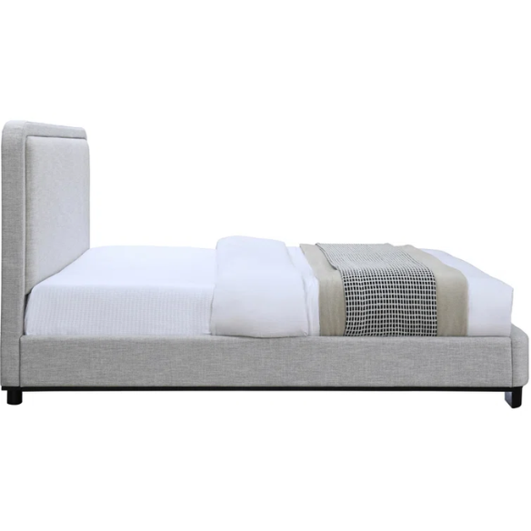 Luxurious Linen Textured Fabric King Size Upholstered Panel Bed with Solid Wood Base