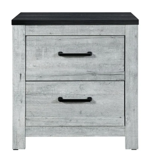 Rustic Grey Wash Queen 5-Piece Bedroom Set – Plank Design Bed, Dresser, Nightstand, and Chest with Black Accents and Durable Hardware