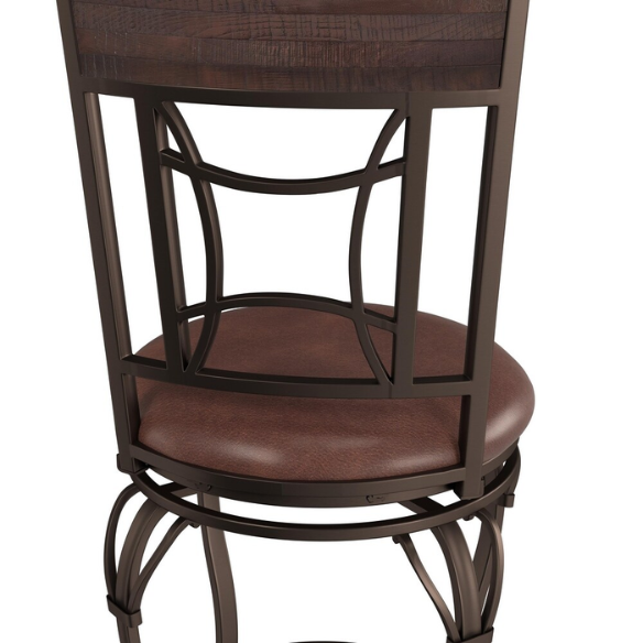 Metal Swivel Stool – Dark Chestnut Finish with Distressed Wood Rail, Geometric Back Design, Antique Brown Faux Leather Seat, 360° Swivel, Counter & Bar Height Options