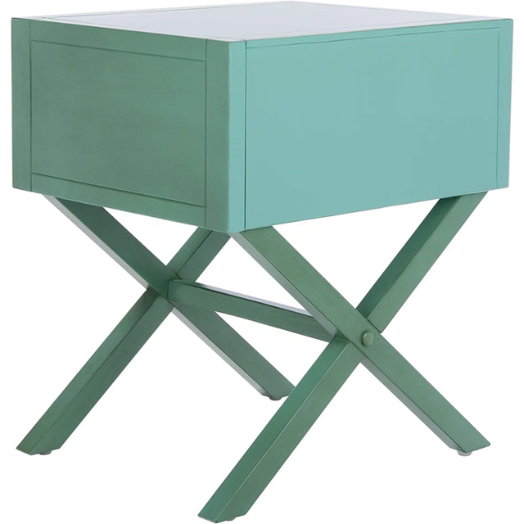 1-Drawer Nightstand – Classic Campaign Style with Contemporary Chic, Acacia Wood Frame, Cross-Base Design, Bold Finish, Gold Drawer Pull, Perfect for Modern Bedrooms