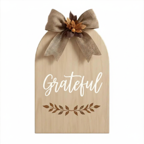 Grateful Wood Arched Plaque with Autumn Leaves and Ribbon Bow