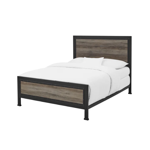 Rustic Industrial Queen Size Bed with Wood-Look Center – Sturdy and Stylish Design