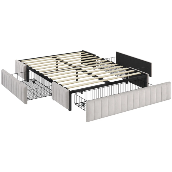 King Size Upholstered Platform Storage Bed with Velvet Fabric, Channel-Tufted Accents, and Built-In Drawers for Extra Storage