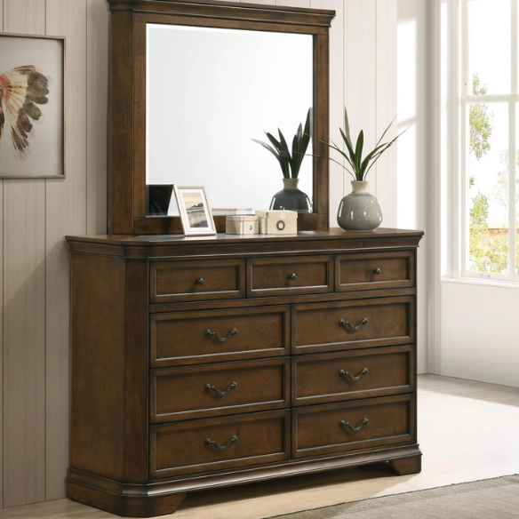 Classic Traditional Wood Queen Panel Bed with Dresser, Mirror, and Two Nightstands in Antique Walnut Finish