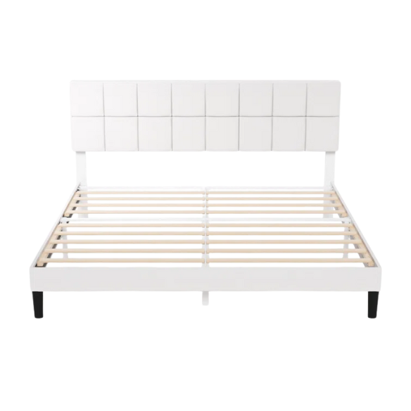 Modern King Size Upholstered Low Profile Platform Bed – Square-Tufted Headboard, Durable Steel Frame