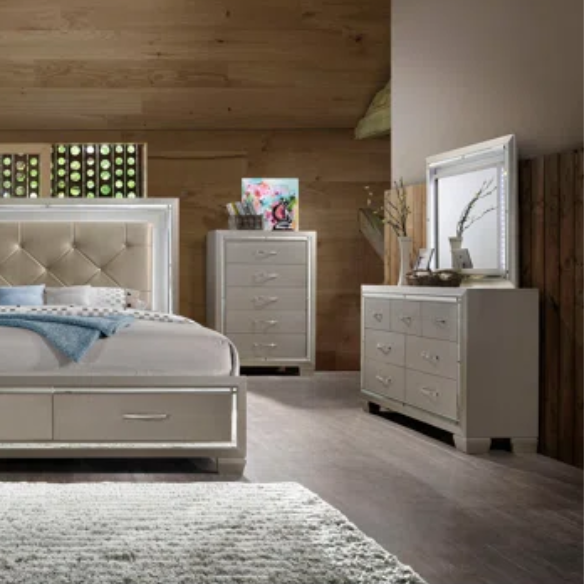 Elegant Glamour: 5-Piece Bedroom Set with Lustrous Platinum Dresser, Crystal and Chrome Handles – A Stunning, Star-Quality Collection to Elevate Your Bedroom Décor
