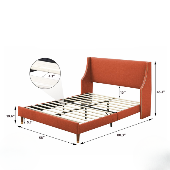 Elegant Linen Wingback Upholstered Platform Bed Frame – Luxurious Full Double Size Design with Gold Piping, Sturdy Support, and Effortless Assembly