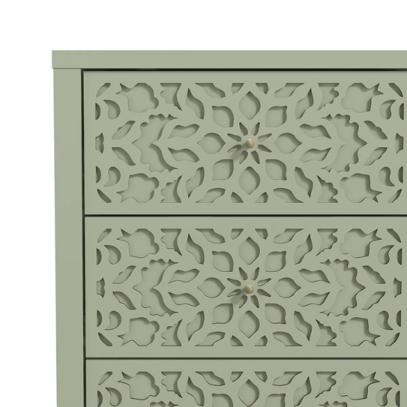 Boho-Inspired 45.4" 6-Drawer Dresser with Distressed Finish and Openwork Floral Details