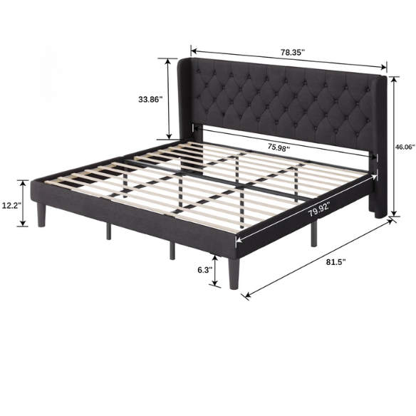 Luxurious King Size Upholstered Wingback Platform Bed with Button-Tufted Linen Fabric – Sturdy Wood Frame, High-Density Foam, and Ample Under-Bed Storage for a Stylish, Safe, and Comfortable Bedroom