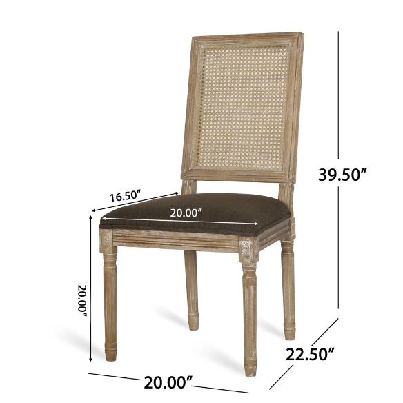 French Country Wood and Cane Upholstered Dining Chairs – Weathered Rubberwood Frame with Fluted Legs & Rectangular Cane Backrest