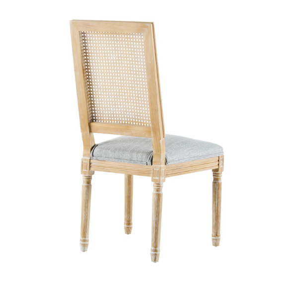 French Country Wood and Cane Upholstered Dining Chairs – Weathered Rubberwood Frame with Fluted Legs & Rectangular Cane Backrest