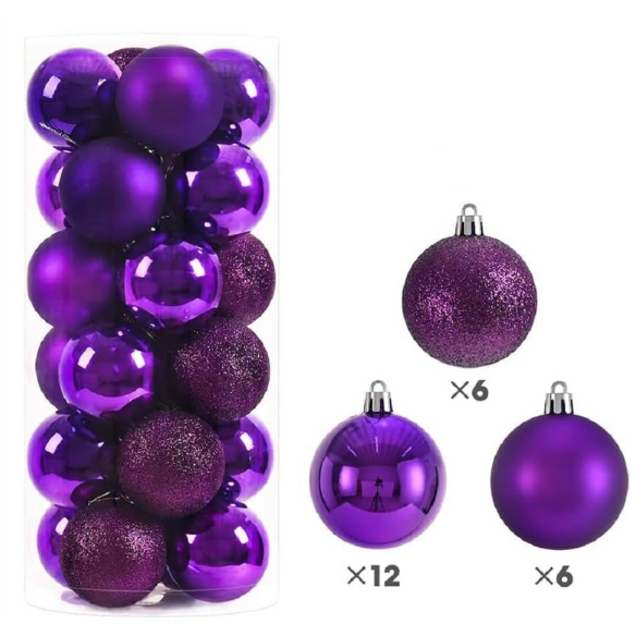 Purple Christmas Ball Ornaments – 24-Piece Set, Shatterproof Holiday Decorations (Available in 3 cm, 4 cm, and 6 cm)