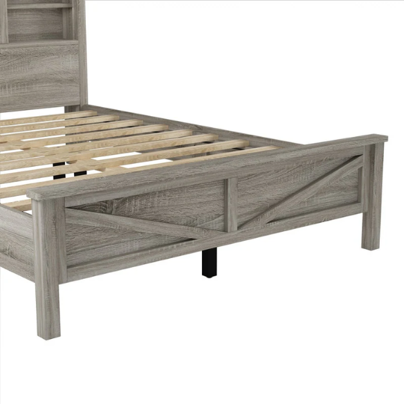 3-Piece Farmhouse Queen Bedroom Set – Platform Bed with Sliding Door Storage Headboard and Charging, Nightstand, and Dresser – Modern Design with Ample Storage