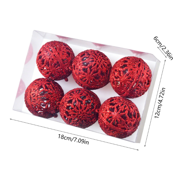 Red Glitter Snowflake Christmas Ball Ornaments – Set of 6 Decorative Holiday Baubles