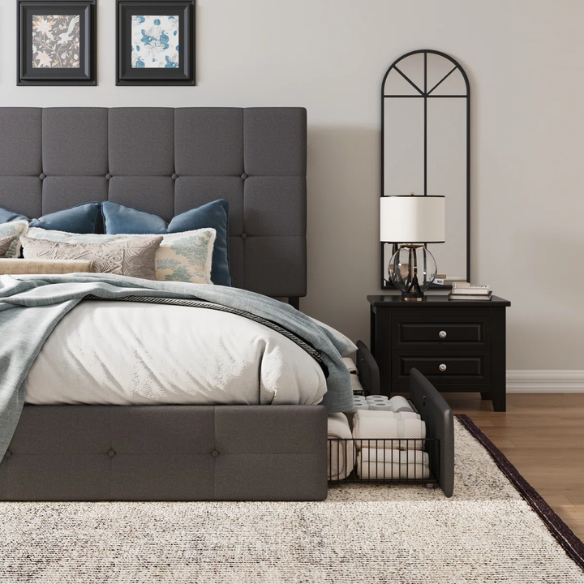 Button Tufted Upholstered Platform Storage Bed – Full Double Size with Spacious Drawers