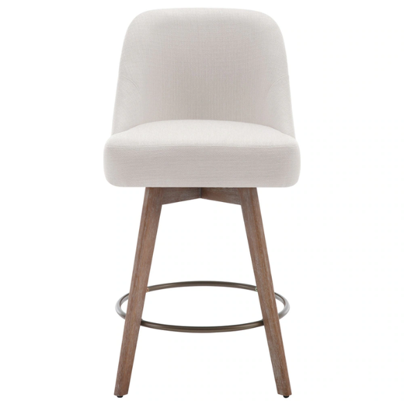 Modern Counter Height Swivel Bar Stool – Upholstered Faux Leather/Polyester Blend Seat, Solid Beech Wood Frame, Ergonomic High Back, Bronze Metal Footrest, 300lb Capacity for Kitchen, Bar, or Pub