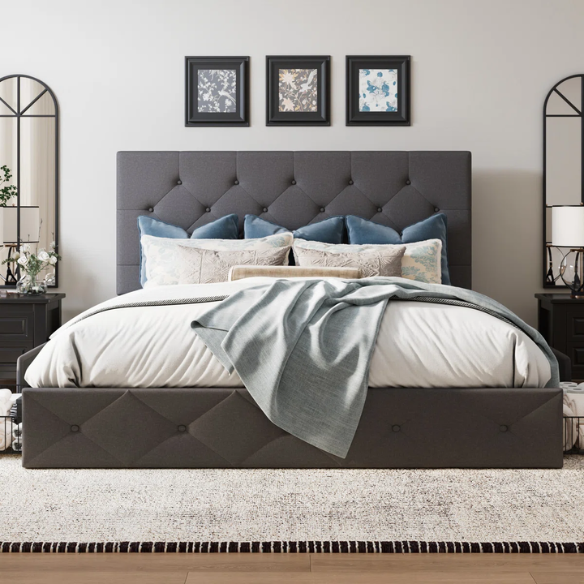 Button Tufted Upholstered Platform Storage Bed – Full Double Size with Spacious Drawers