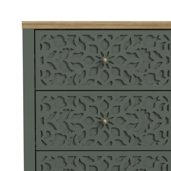 Boho-Inspired 45.4" 6-Drawer Dresser with Distressed Finish and Openwork Floral Details