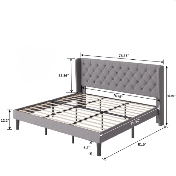 Luxurious King Size Upholstered Wingback Platform Bed with Button-Tufted Linen Fabric – Sturdy Wood Frame, High-Density Foam, and Ample Under-Bed Storage for a Stylish, Safe, and Comfortable Bedroom