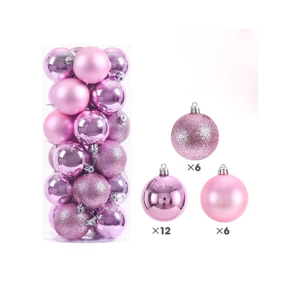 Pink Christmas Ball Ornaments – 24-Piece Set, Shatterproof Holiday Decorations (Available in 3 cm, 4 cm, and 6 cm)