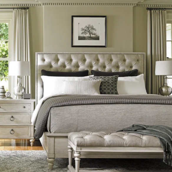 Rustic Panel Configurable Bedroom Set – Classic Meets Modern with Button-Tufted Headboard, Custom Ring Pulls, Media Storage Dresser, and Nailhead Trim Mirror – Includes Bed, Nightstand, Dresser, and Mirror