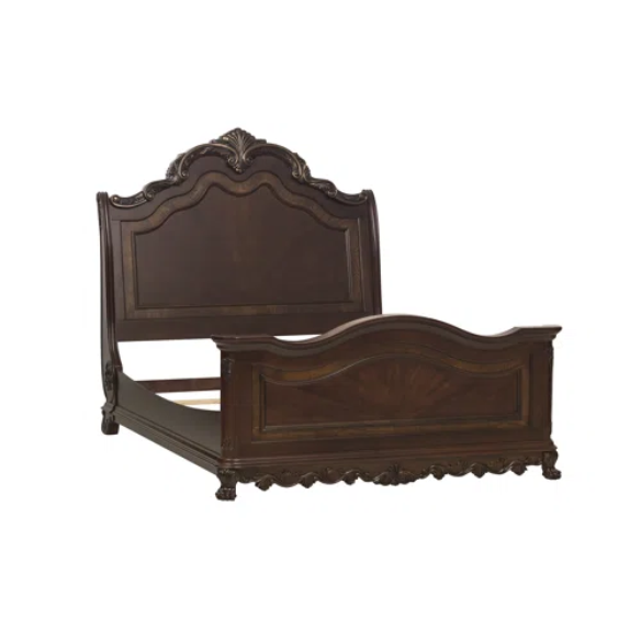 4-Piece Configurable Bedroom Set with Solid Cherry Wood Construction, Antique Walnut Veneer, Crown Molding, Carved Claw Feet, and Ample Storage - Includes Bed, Dresser, Nightstand, and Matching Mirror