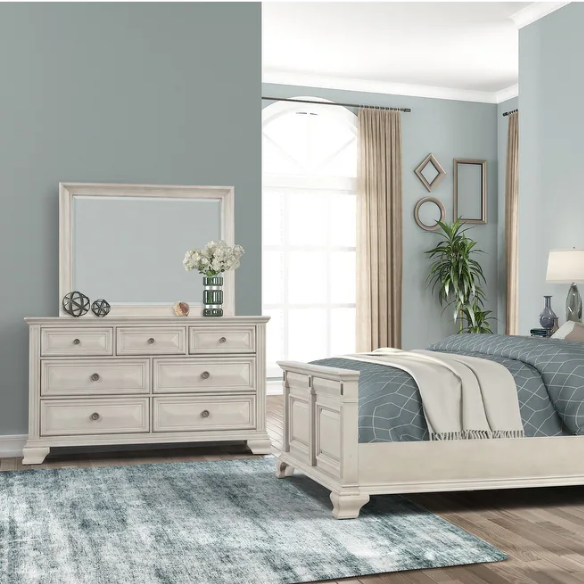 Distressed Parchment Wood Queen Bedroom Set – Elegant Silver Accents, Fluted Pilasters, and Beveled Drawer Fronts for Timeless Charm