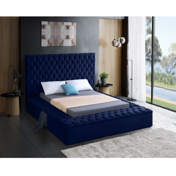 Elegant Velvet Upholstered King Size Platform Storage Bed with Tufted Headboard and Slats