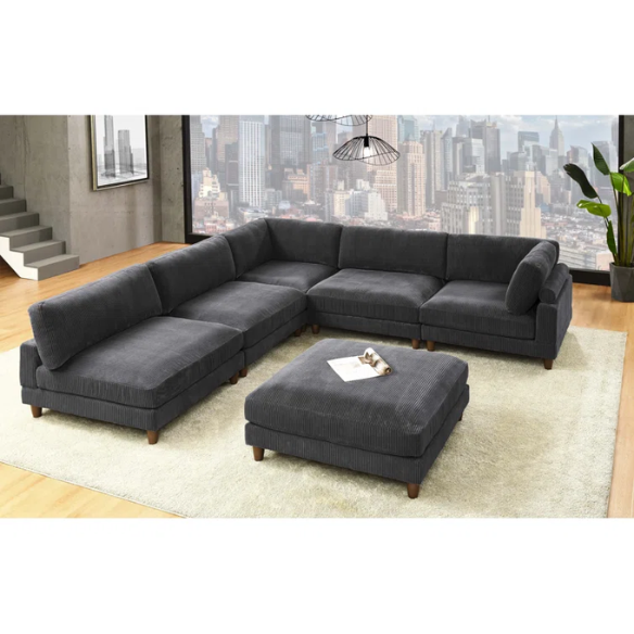6-Piece Slipcovered Corduroy Sectional with Ottoman – Spacious, Customizable L-Shaped Design, Premium Upholstery, and Tapered Wooden Feet